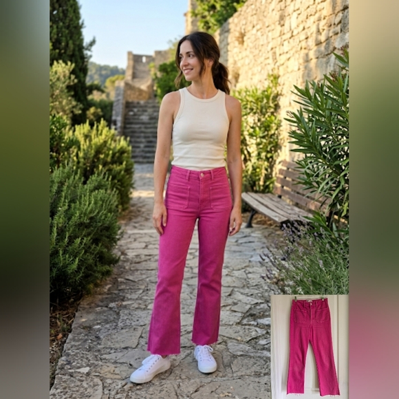 Zara Denim - 🩷EUC ZARA Pink High Rise Straight Leg Raw Hem Jeans, Size 4